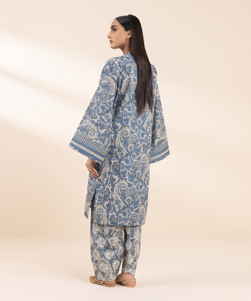 Women's Unstitched Embroidered Shades Of Blue Cambric Shirt and Trousers