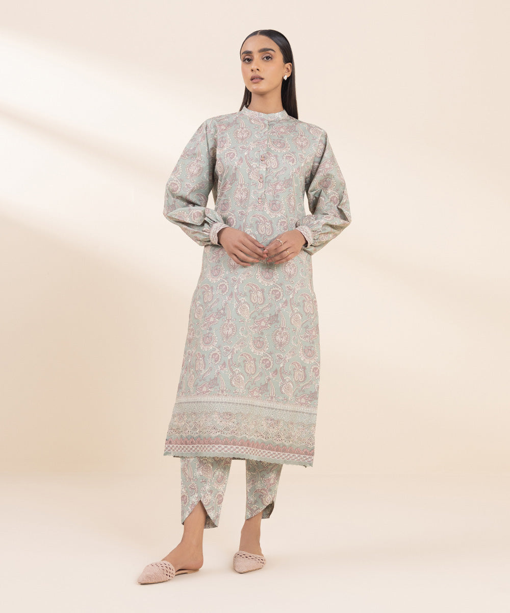 Women's Unstitched Embroidered Laurel Green Cambric Shirt and Trousers