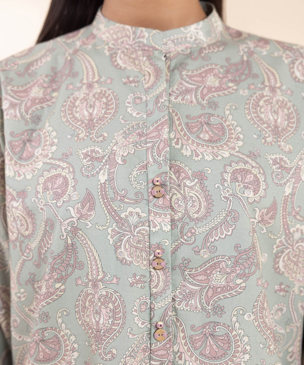 Women's Unstitched Embroidered Laurel Green Cambric Shirt and Trousers