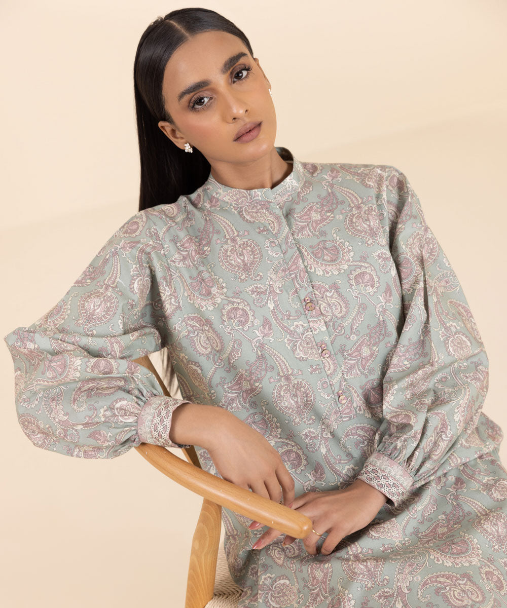 Women's Unstitched Embroidered Laurel Green Cambric Shirt and Trousers