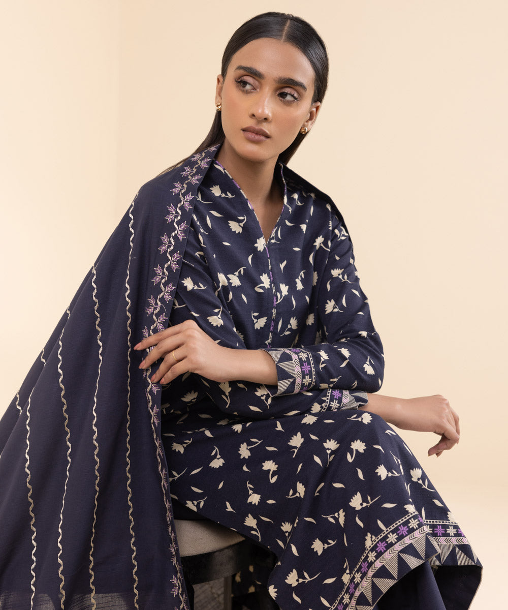 Women's Unstitched Embroidered Greyish Brown Khaddar Shirt and Trousers