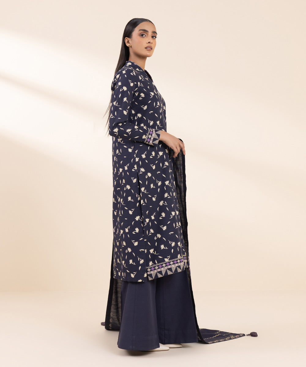 Women's Unstitched Embroidered Greyish Brown Khaddar Shirt and Trousers