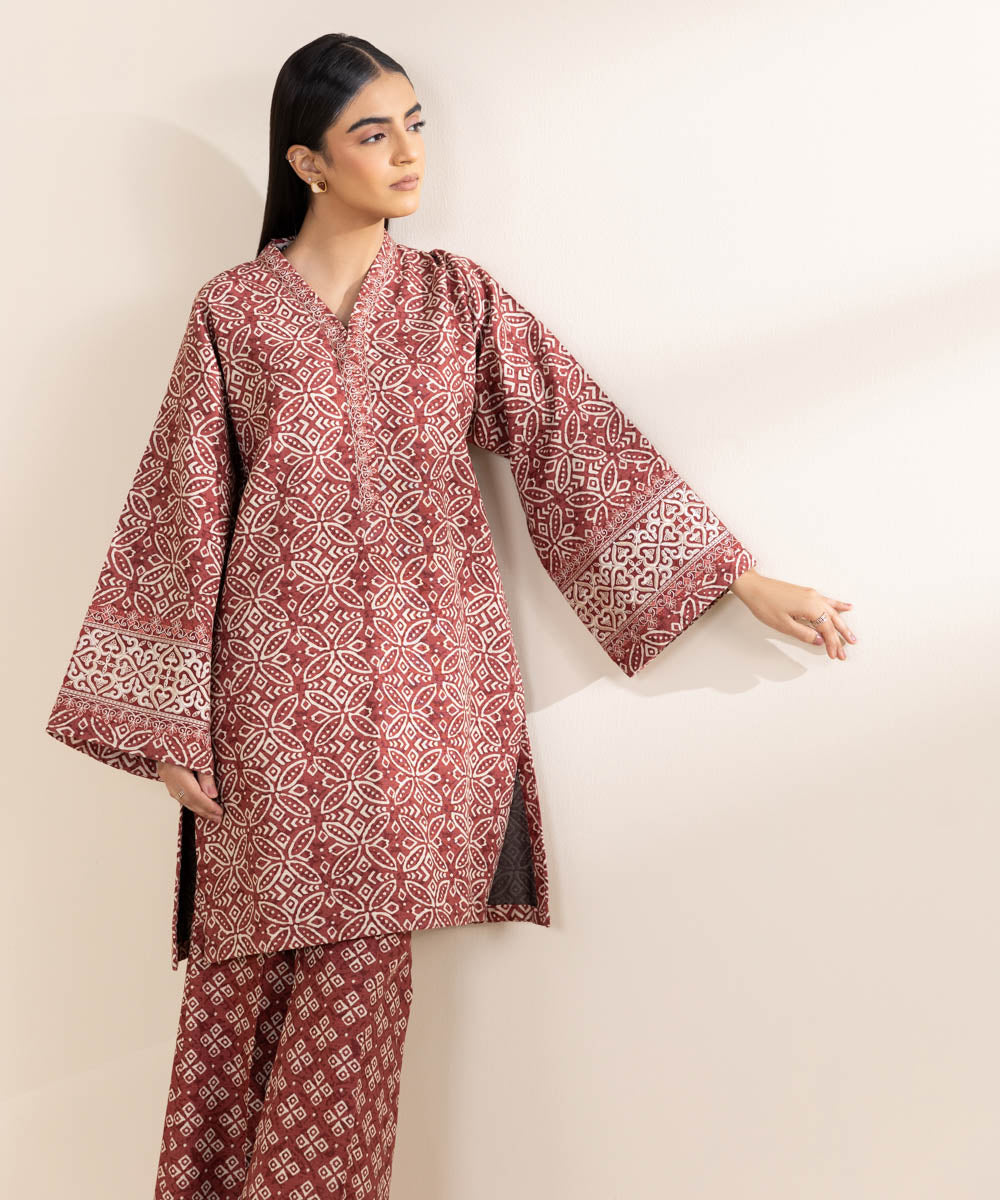 Women's Unstitched Embroidered Brick Red Khaddar Shirt and Trousers