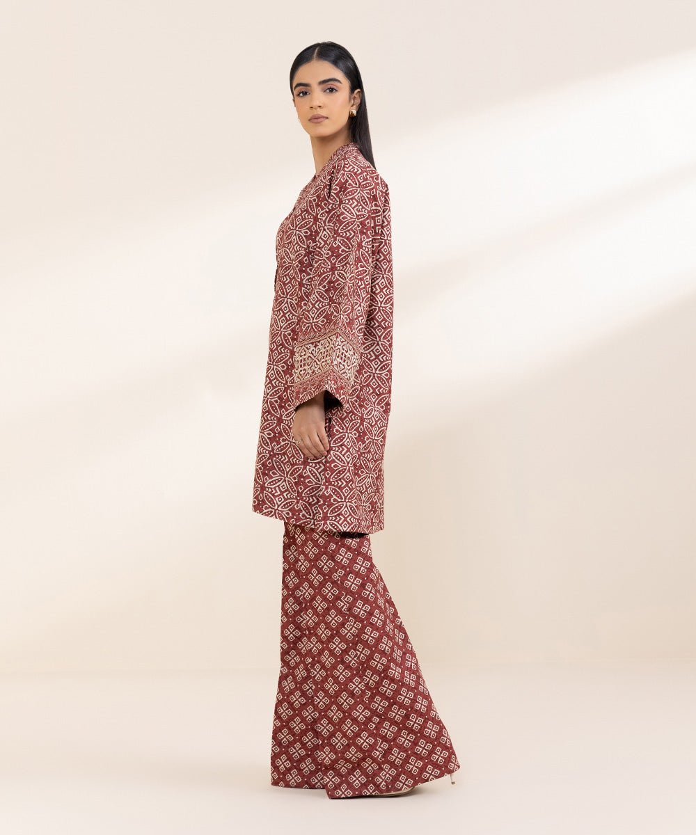 Women's Unstitched Embroidered Brick Red Khaddar Shirt and Trousers