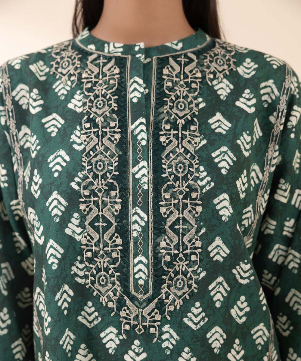 Women's Unstitched Embroidered Bottle Green Khaddar Shirt and Dupatta