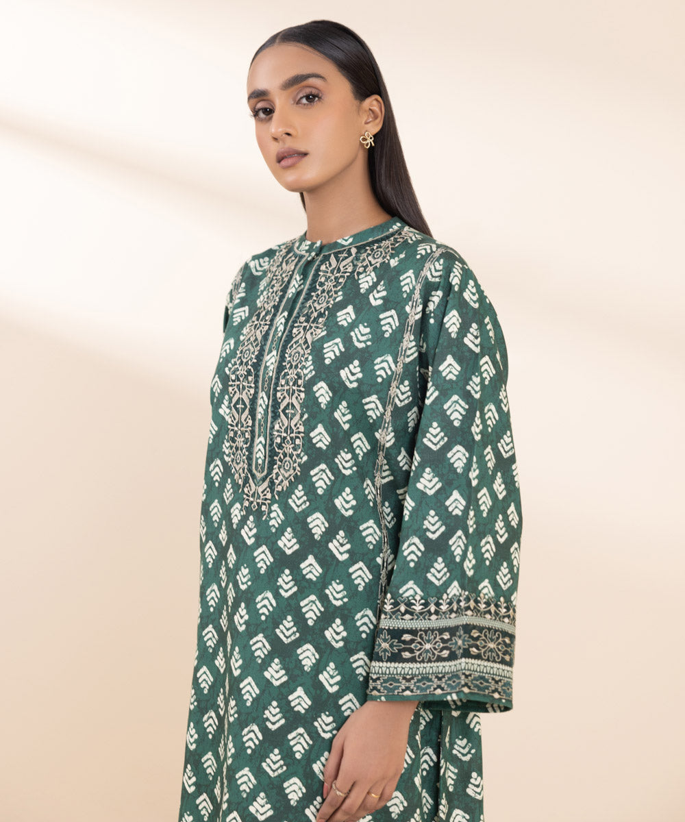 Women's Unstitched Embroidered Bottle Green Khaddar Shirt and Dupatta