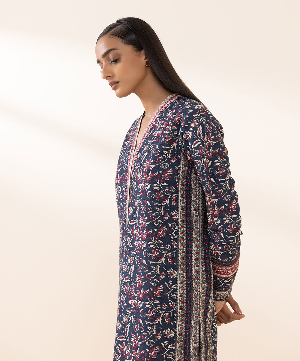 Women's Unstitched Khaddar Blue Printed 2 Piece Suit 