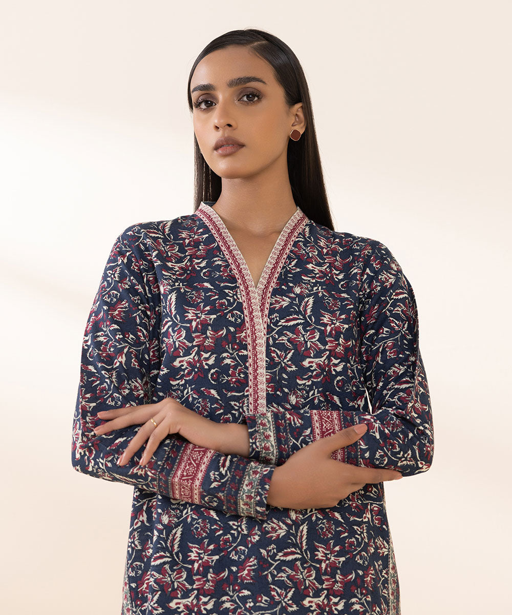 Women's Unstitched Khaddar Blue Printed 2 Piece Suit 