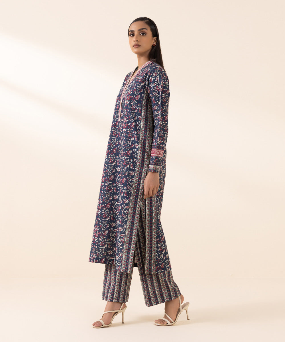 Women's Unstitched Khaddar Blue Printed 2 Piece Suit 