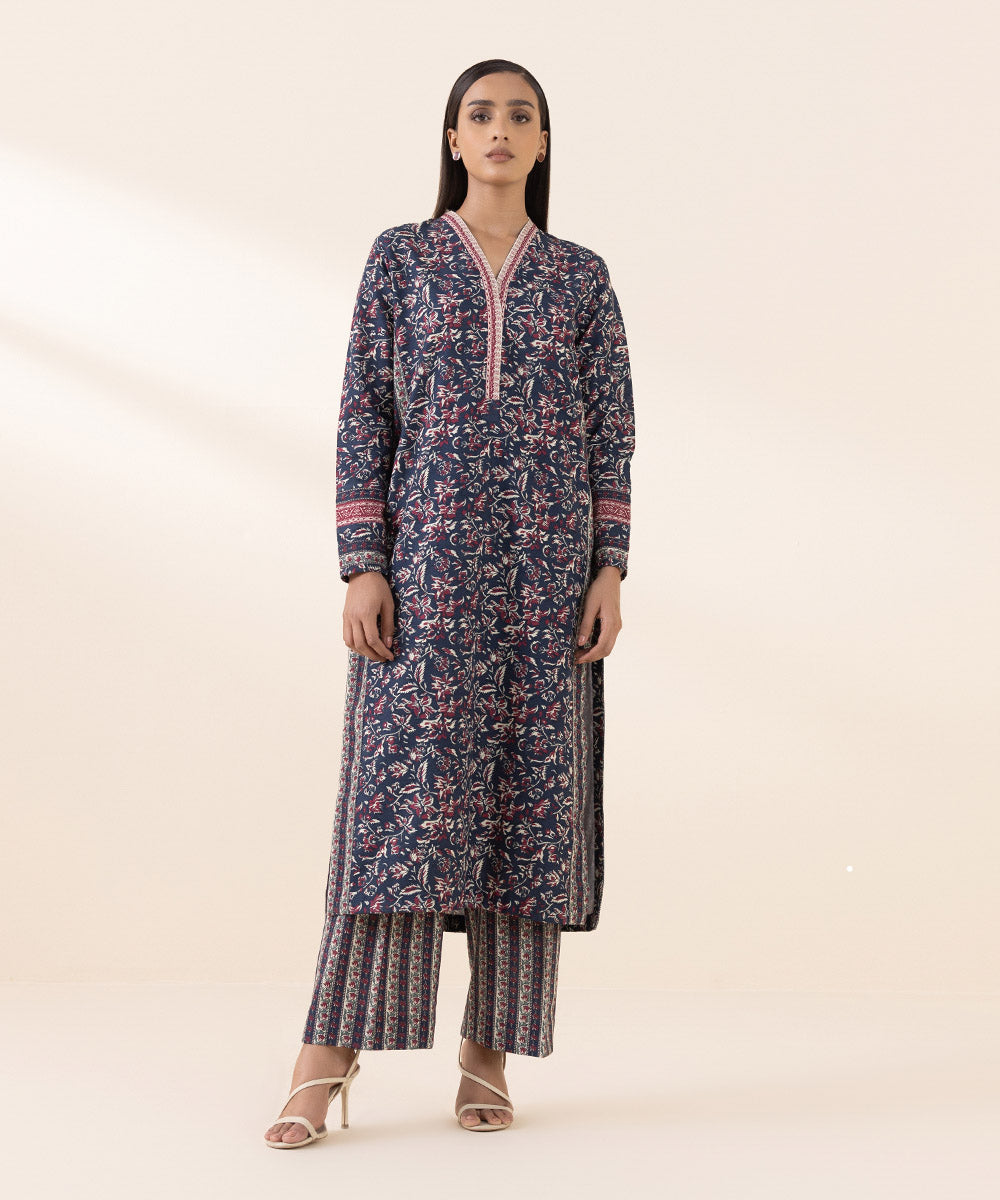 Women's Unstitched Khaddar Blue Printed 2 Piece Suit 