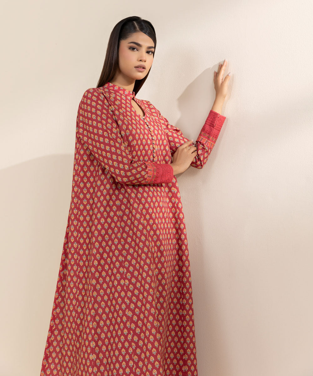 Women's Unstitched Khaddar Red Printed 2 Piece Suit 