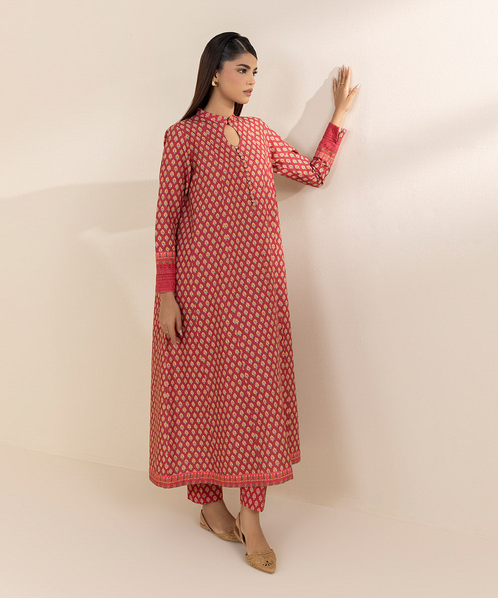 Women's Unstitched Khaddar Red Printed 2 Piece Suit 