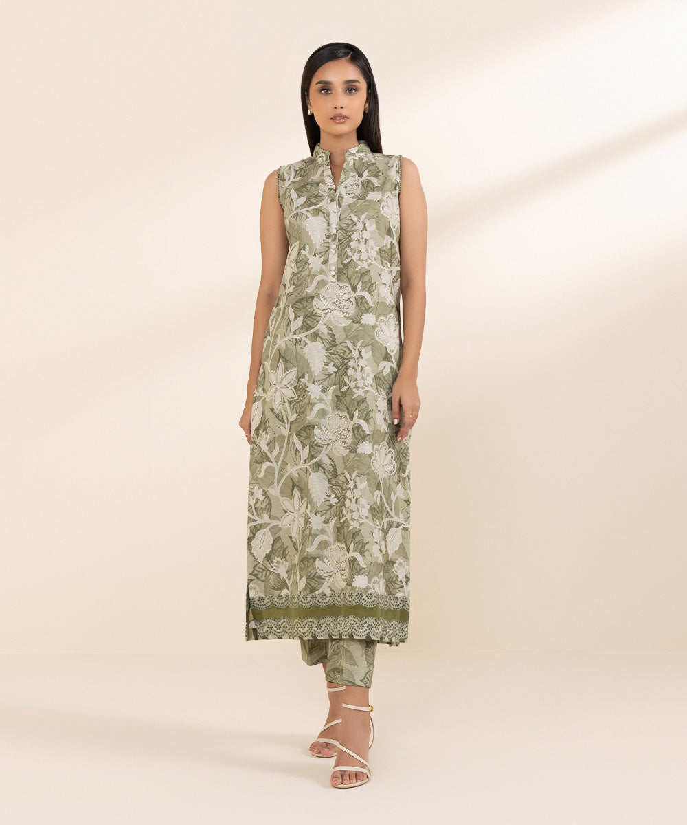 Women's Unstitched Khaddar Green Printed 2 Piece Suit