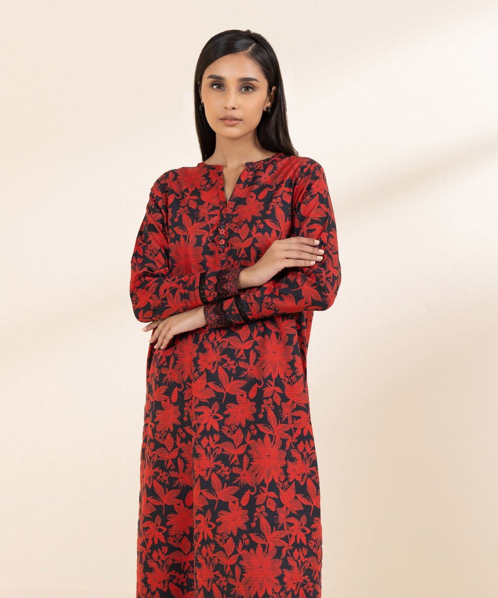 Women's Unstitched Dobby Red Printed 2 Piece Suit