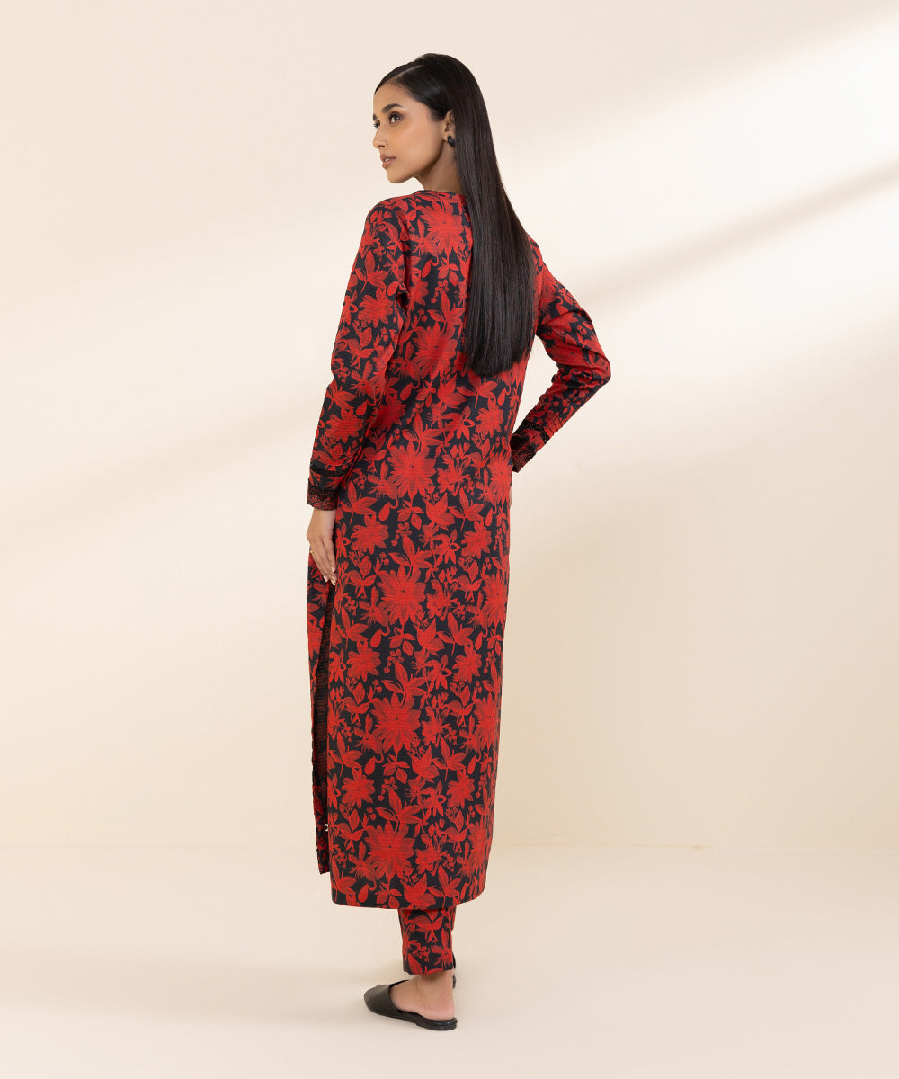 Women's Unstitched Dobby Red Printed 2 Piece Suit