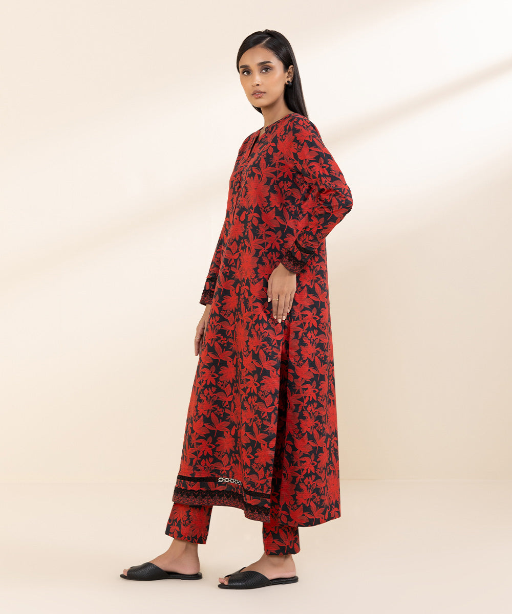 Women's Unstitched Dobby Red Printed 2 Piece Suit