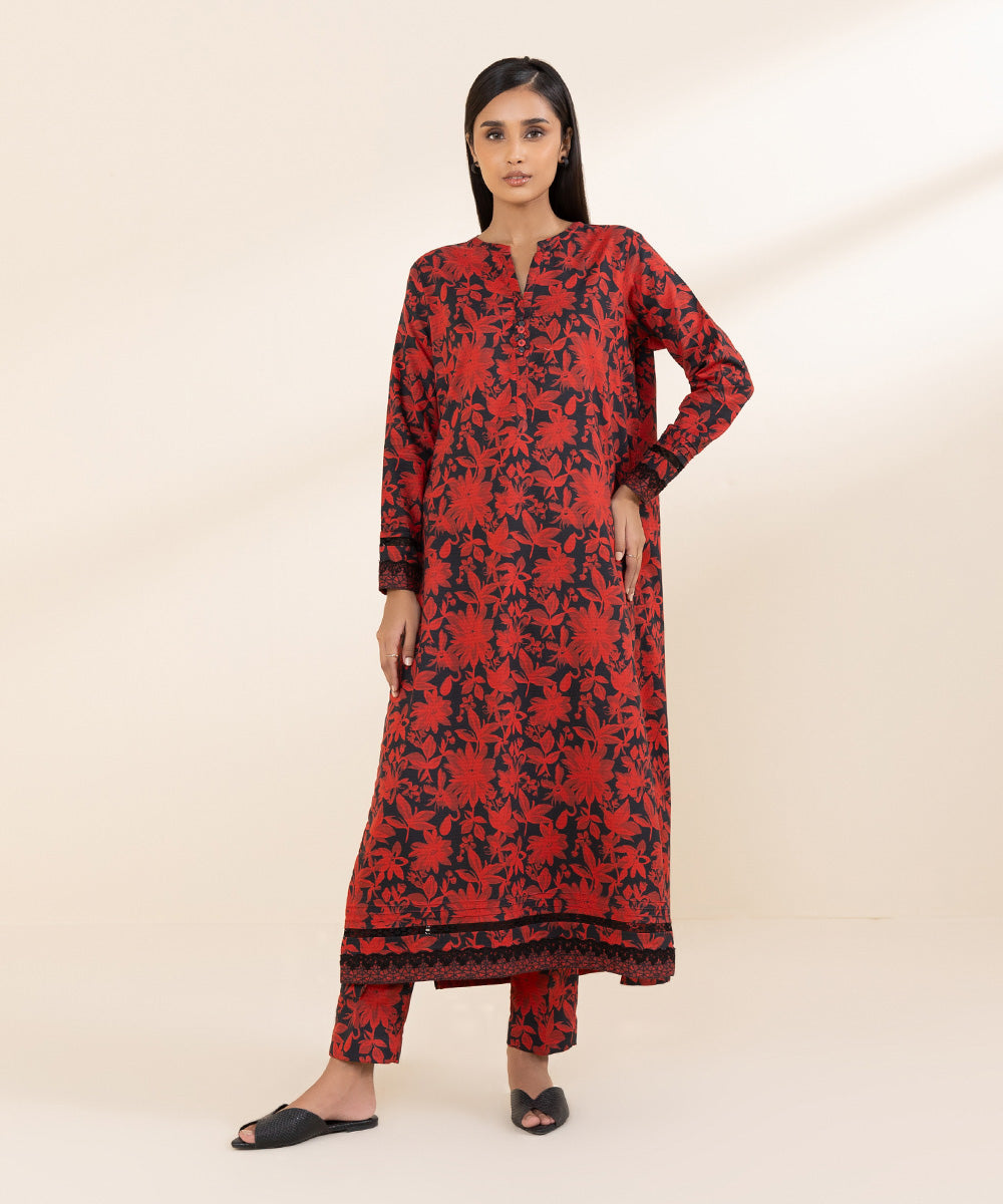 Women's Unstitched Dobby Red Printed 2 Piece Suit