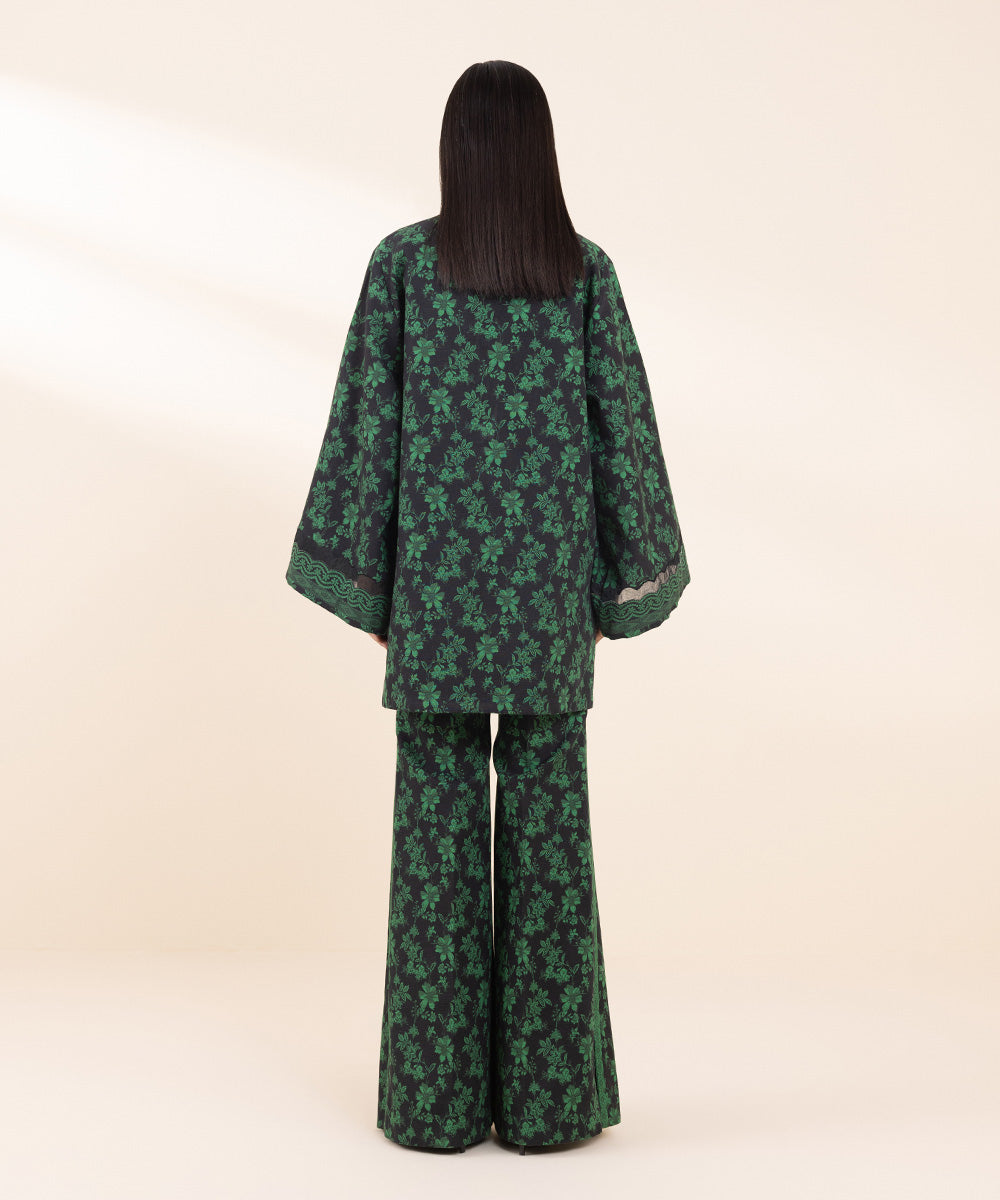 Women's Unstitched Khaddar Printed Green 2 Piece Suit