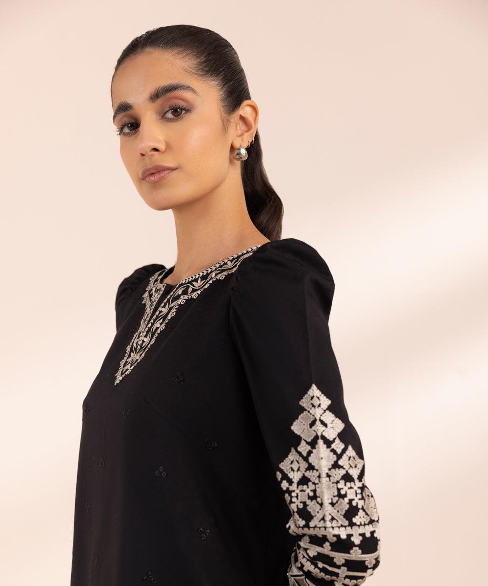 Women's Unstitched Cambric Black Embroidered 2 Piece Suit