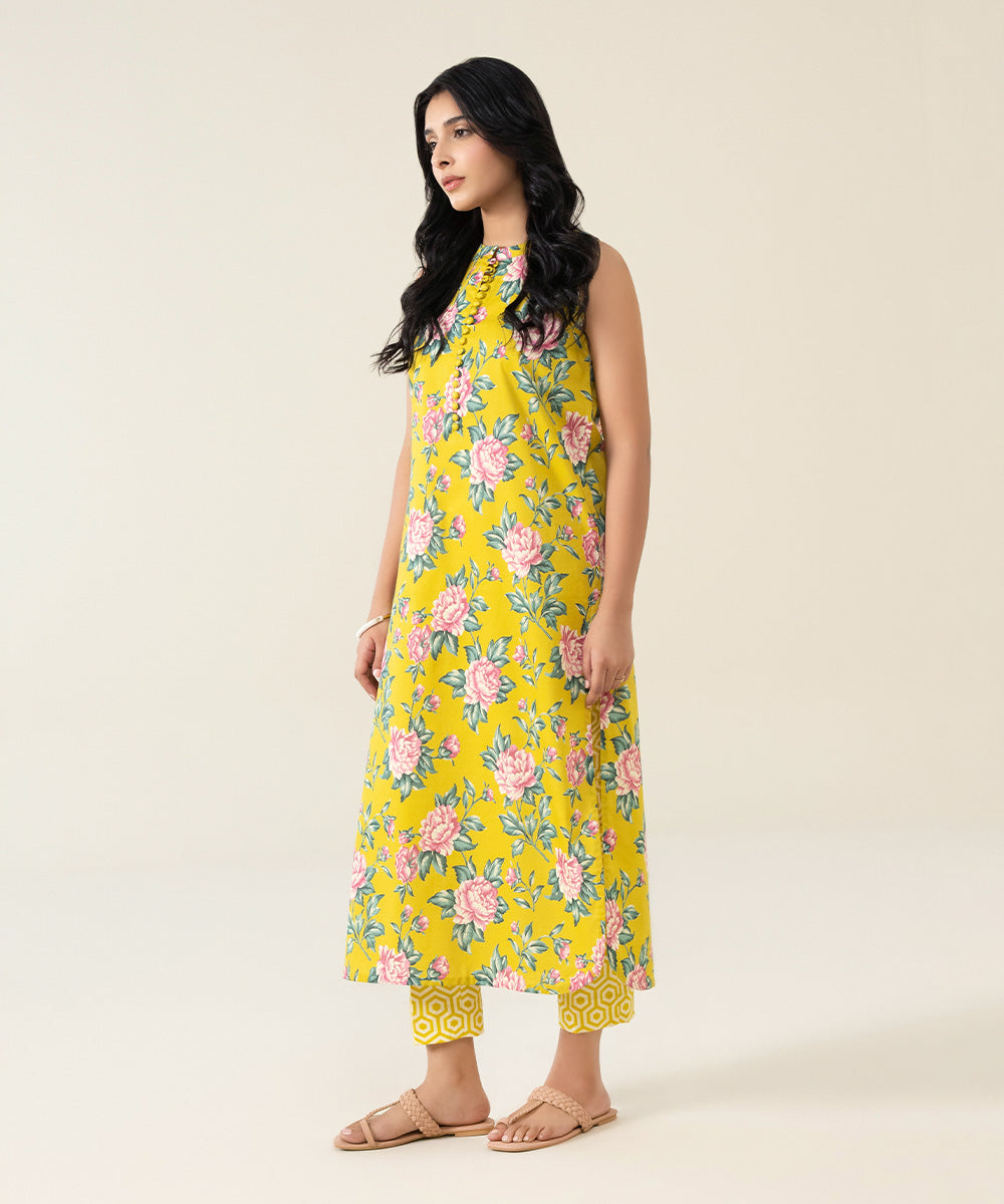 Unstitched Women's Printed Lawn Yellow 2 Piece Suit