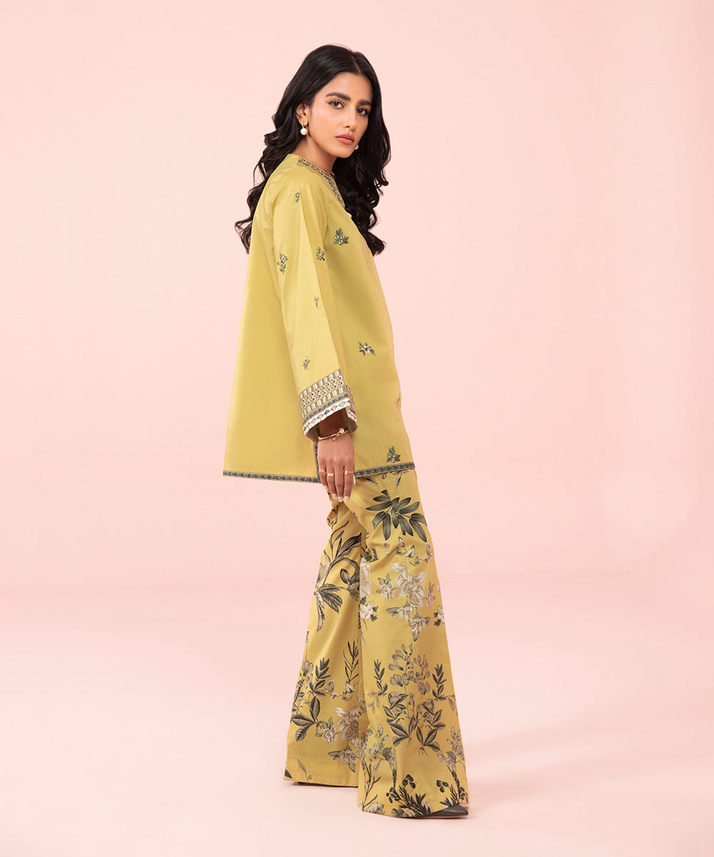 Women's Unstitched Embroidered Cambric Khaki Yellow 2 Piece Suit