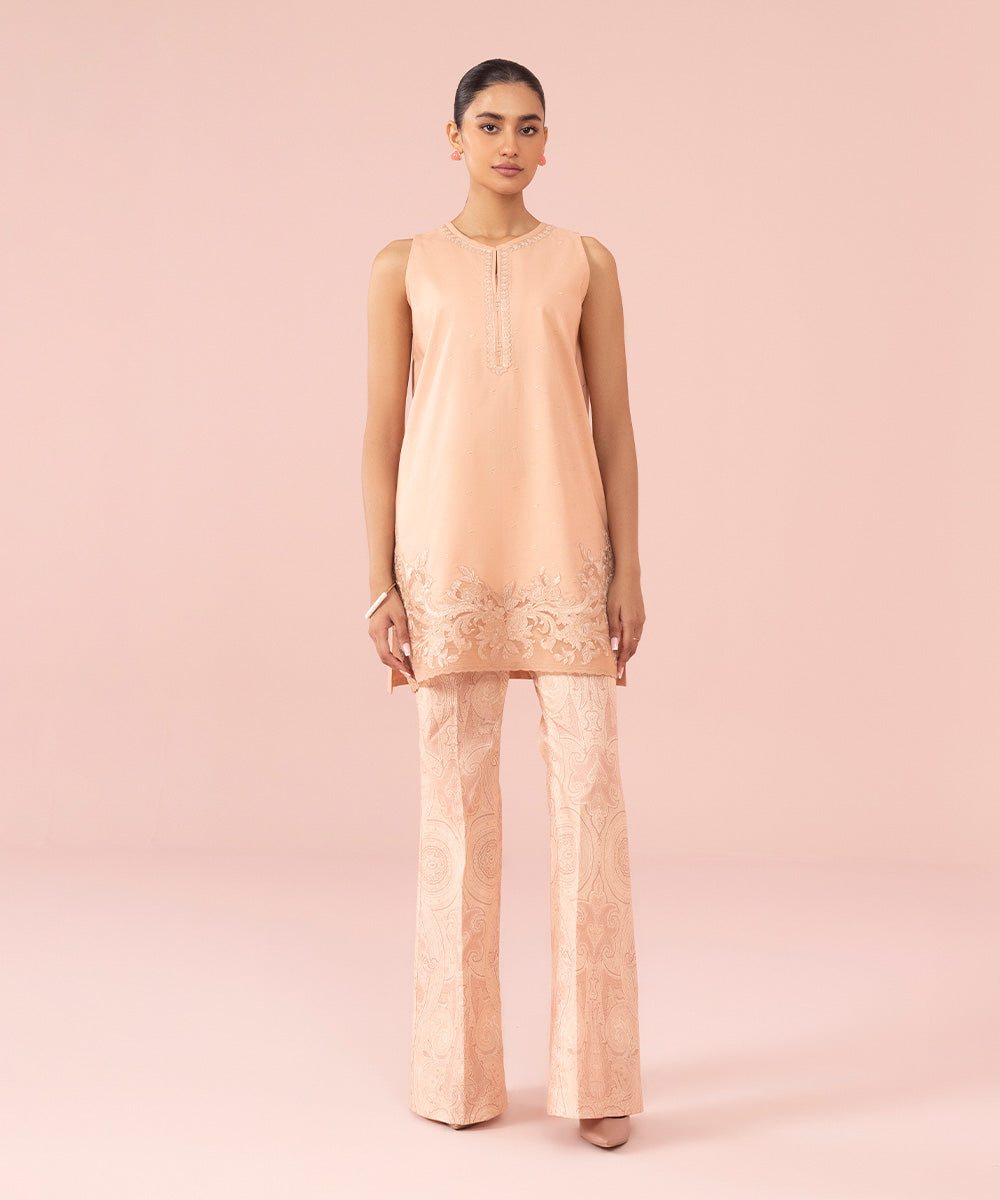 Women's Unstitched Embroidered Cambric Pastel Pink 2 Piece Suit