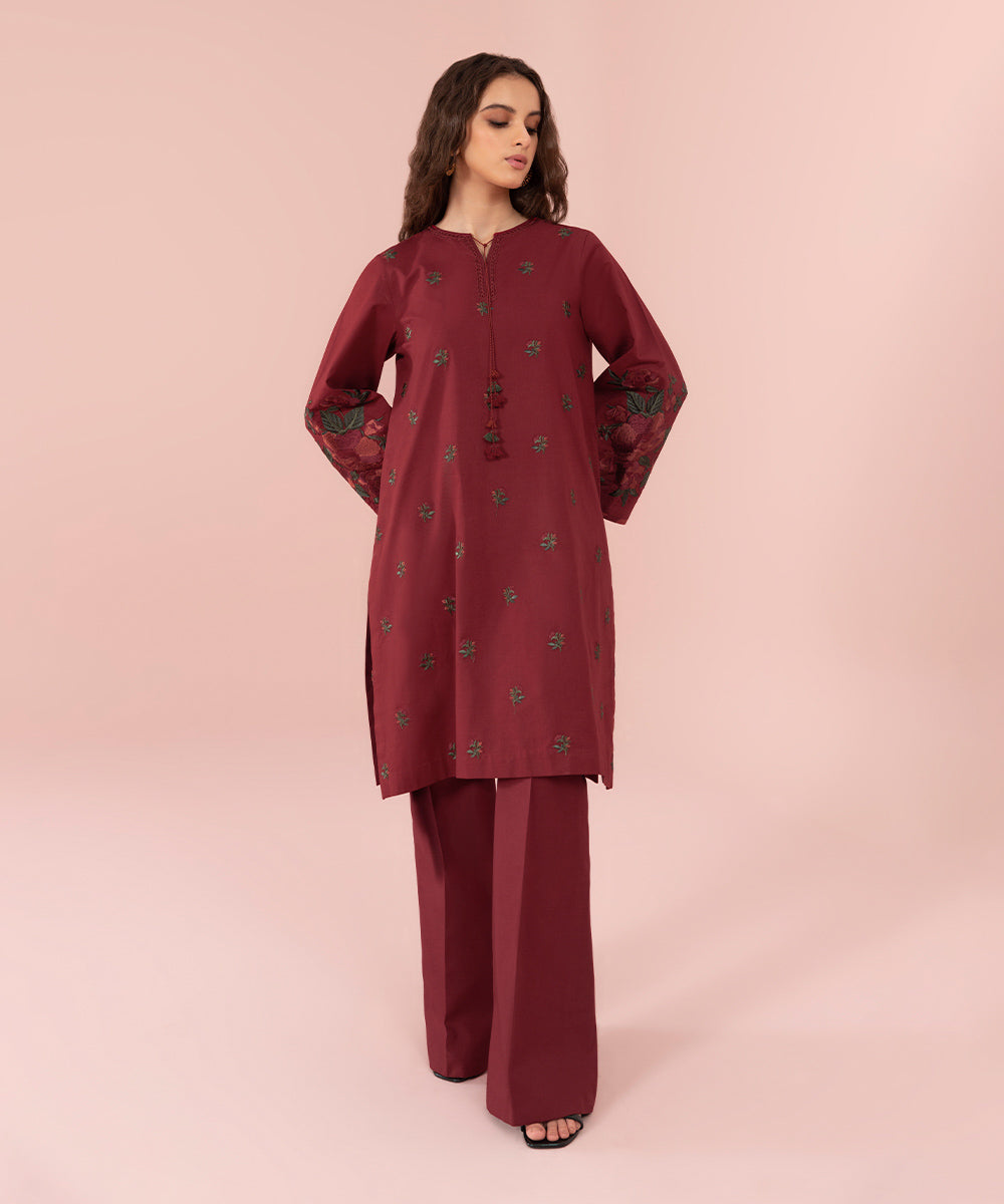 Women's Unstitched Embroidered Cambric Red 2 Piece Suit