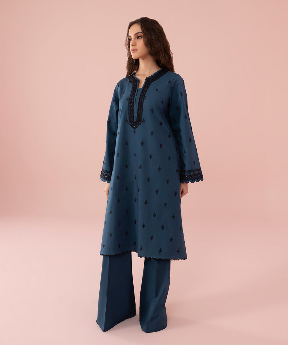 Women's Unstitched Embroidered Cambric Blue 2 Piece Suit