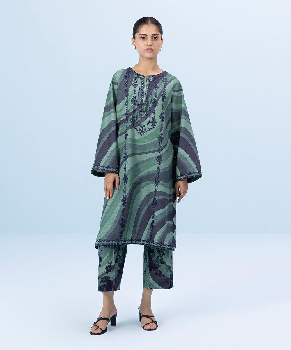 Women's Winter Unstitched Embroidered Khaddar Green 2 Piece Suit