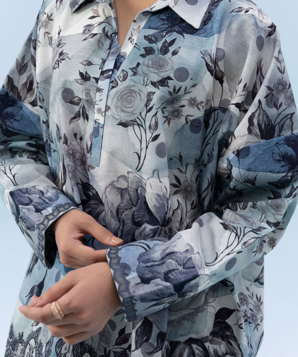 Women's Winter Unstitched Embroidered Khaddar Blue 2 Piece Suit