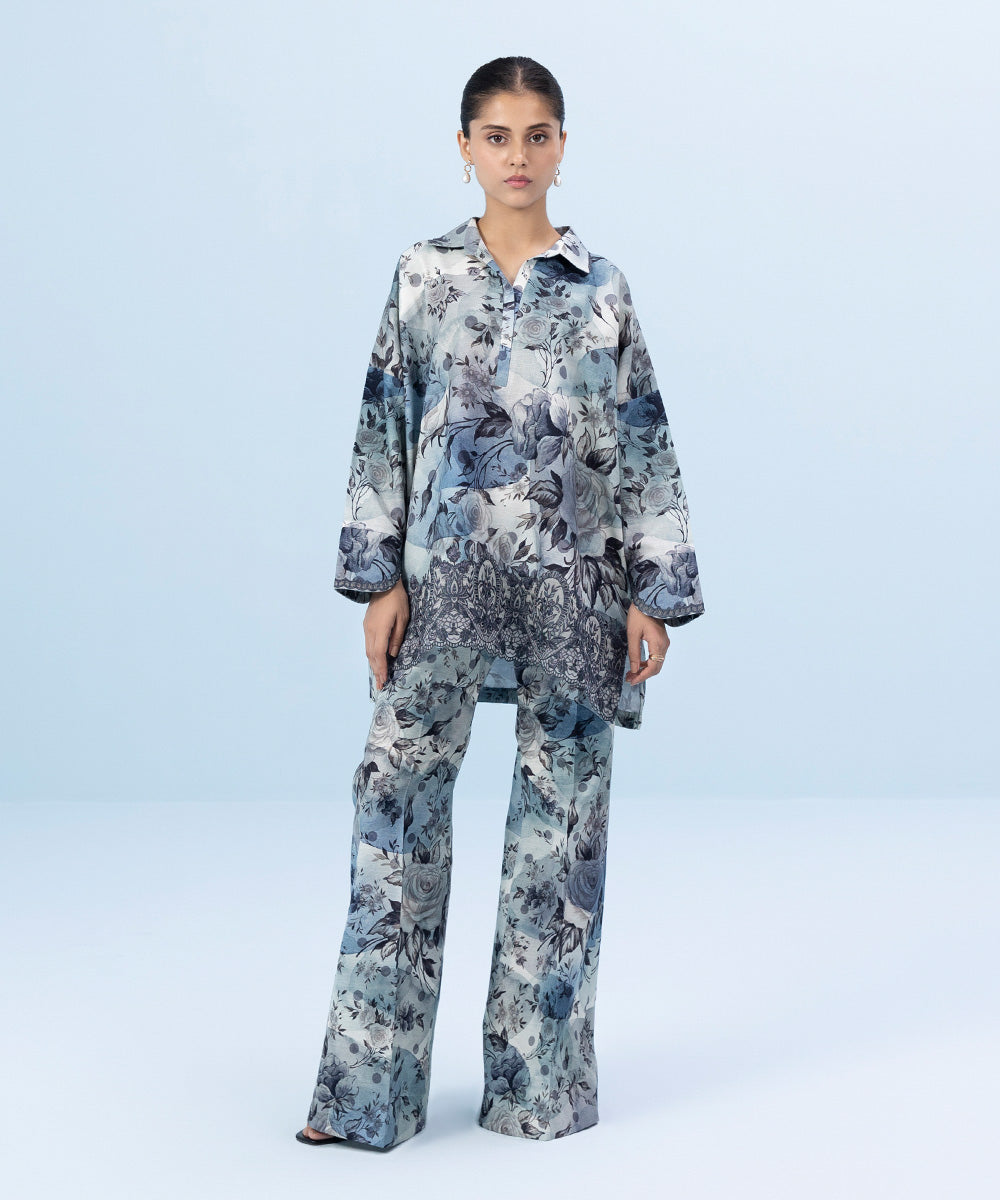 Women's Winter Unstitched Embroidered Khaddar Blue 2 Piece Suit