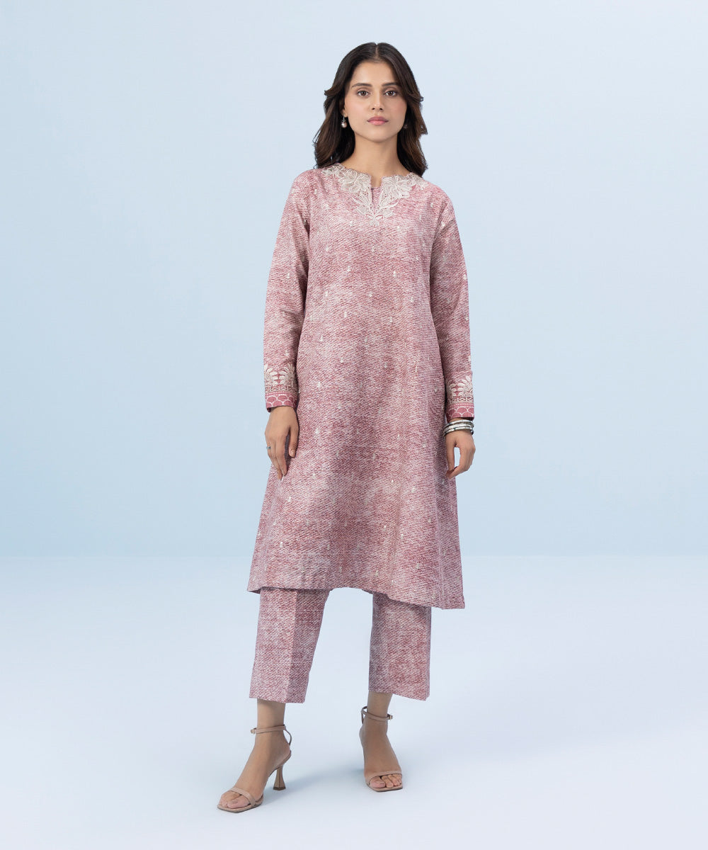 Women's Winter Unstitched Embroidered Khaddar Pink 2 Piece Suit