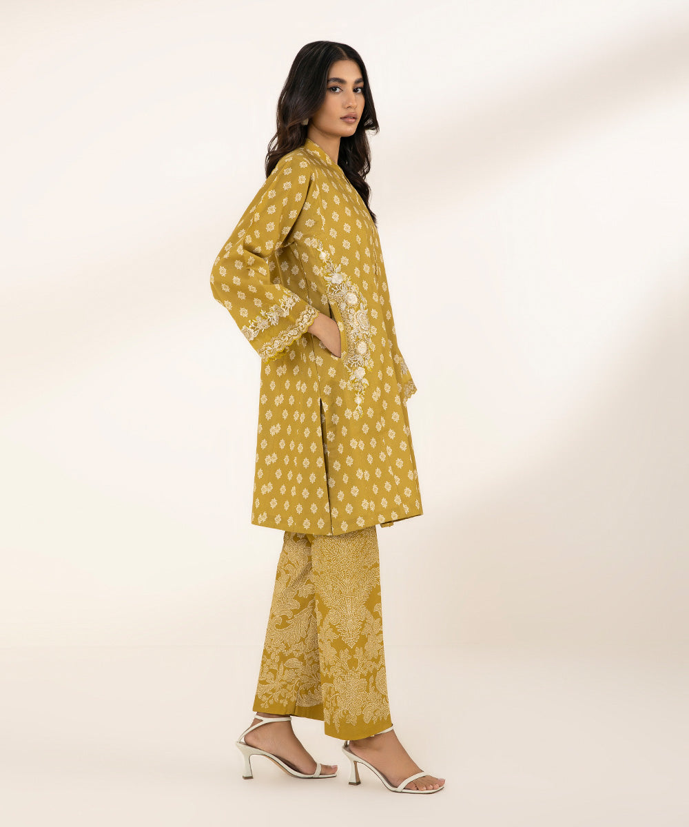 Women's Unstitched Lawn Printed Embroidered Yellow 2 Piece Suit