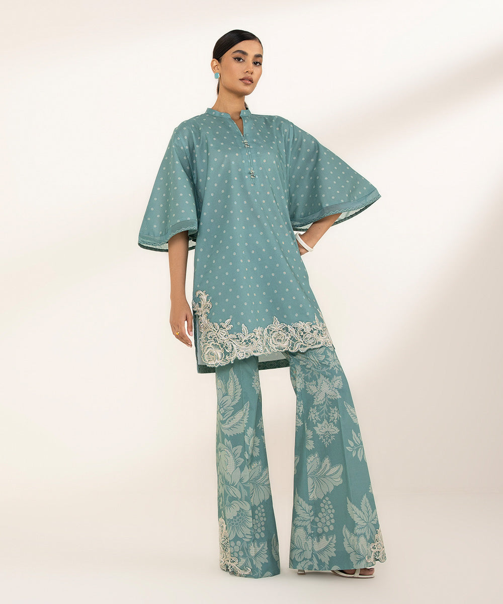 Women's Unstitched Lawn Printed Embroidered Blue 2 Piece Suit