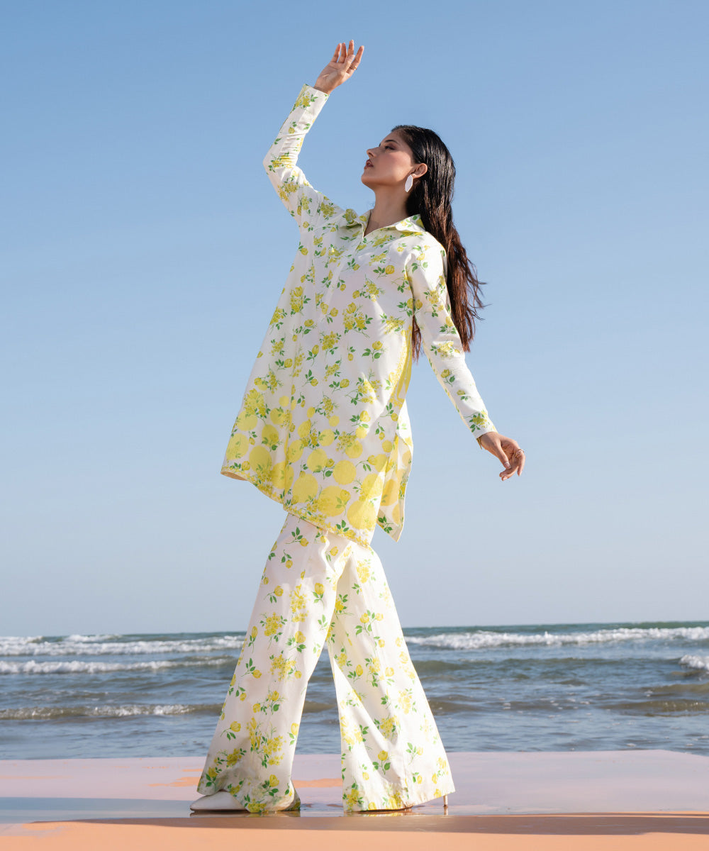 Women's Unstitched Lawn Printed Embroidered Yellow 2 Piece Suit