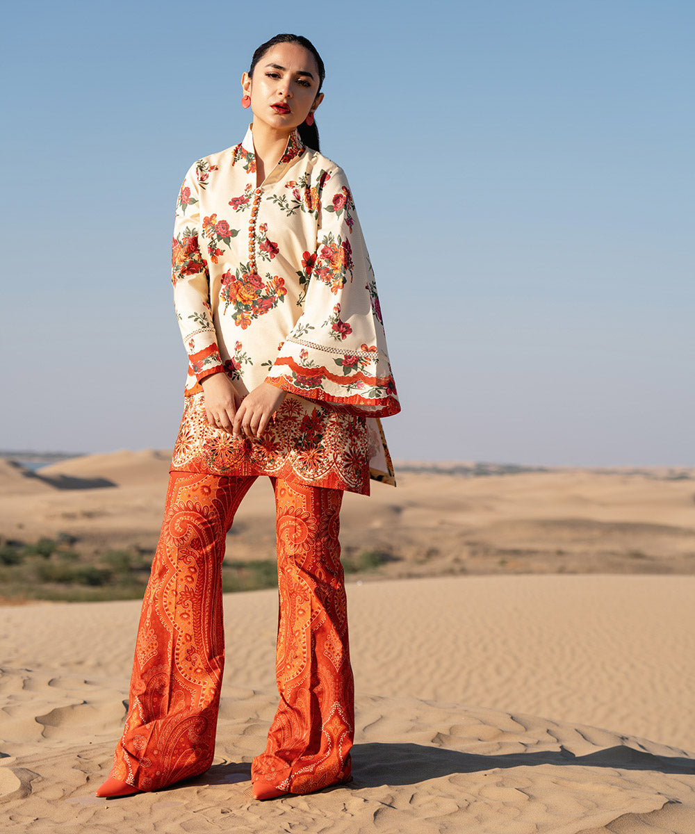 Women's Unstitched Zari Lawn Printed Embroidered Orange 2 Piece Suit