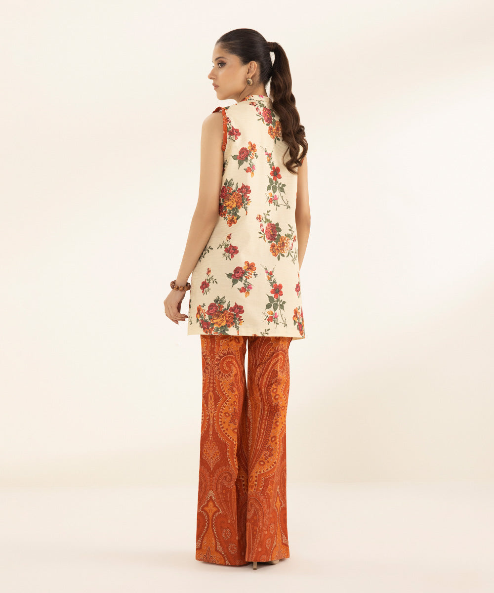 Women's Unstitched Zari Lawn Printed Embroidered Orange 2 Piece Suit