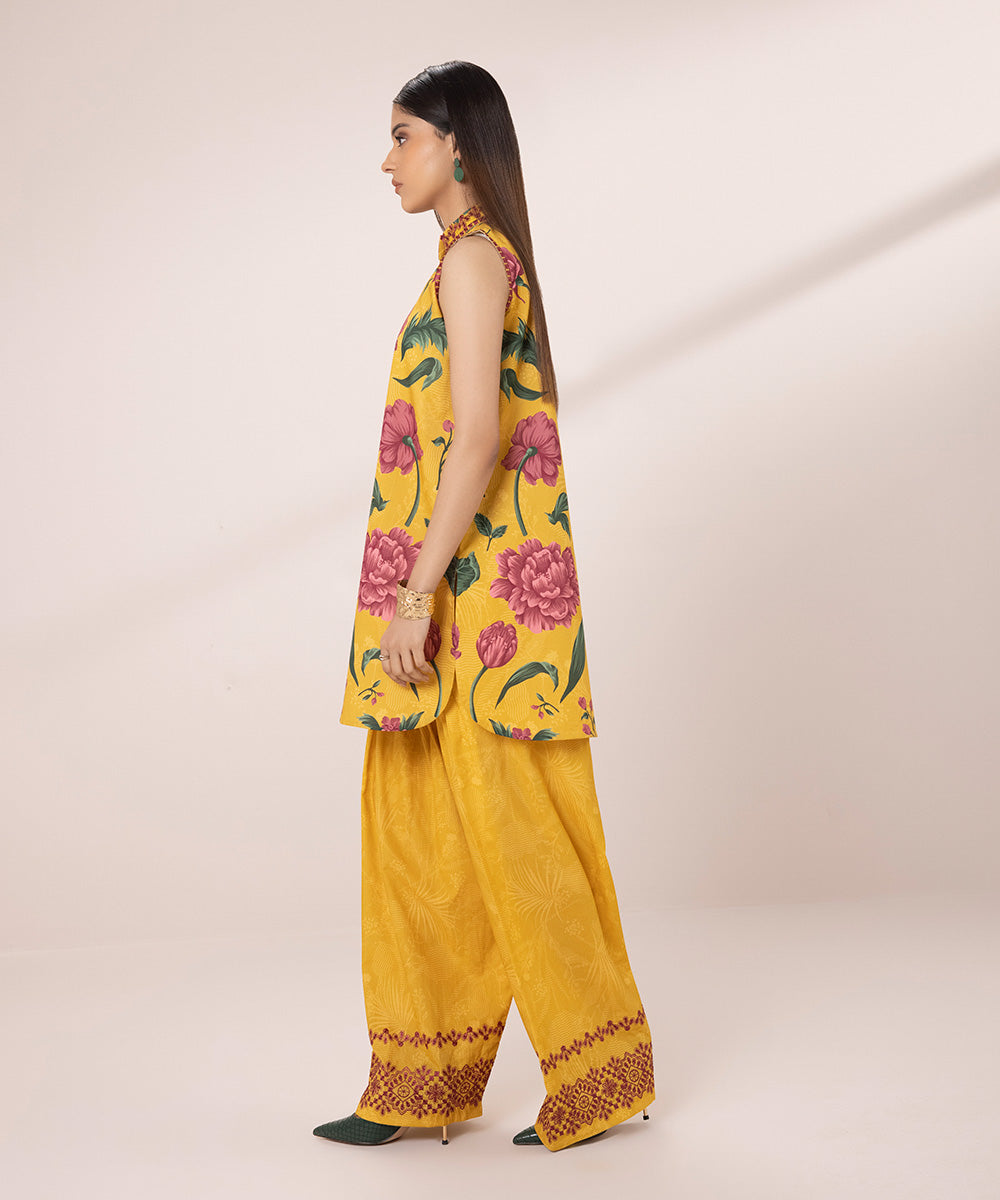 Women's Unstitched Lawn Embroidered Yellow 2 Piece Suit