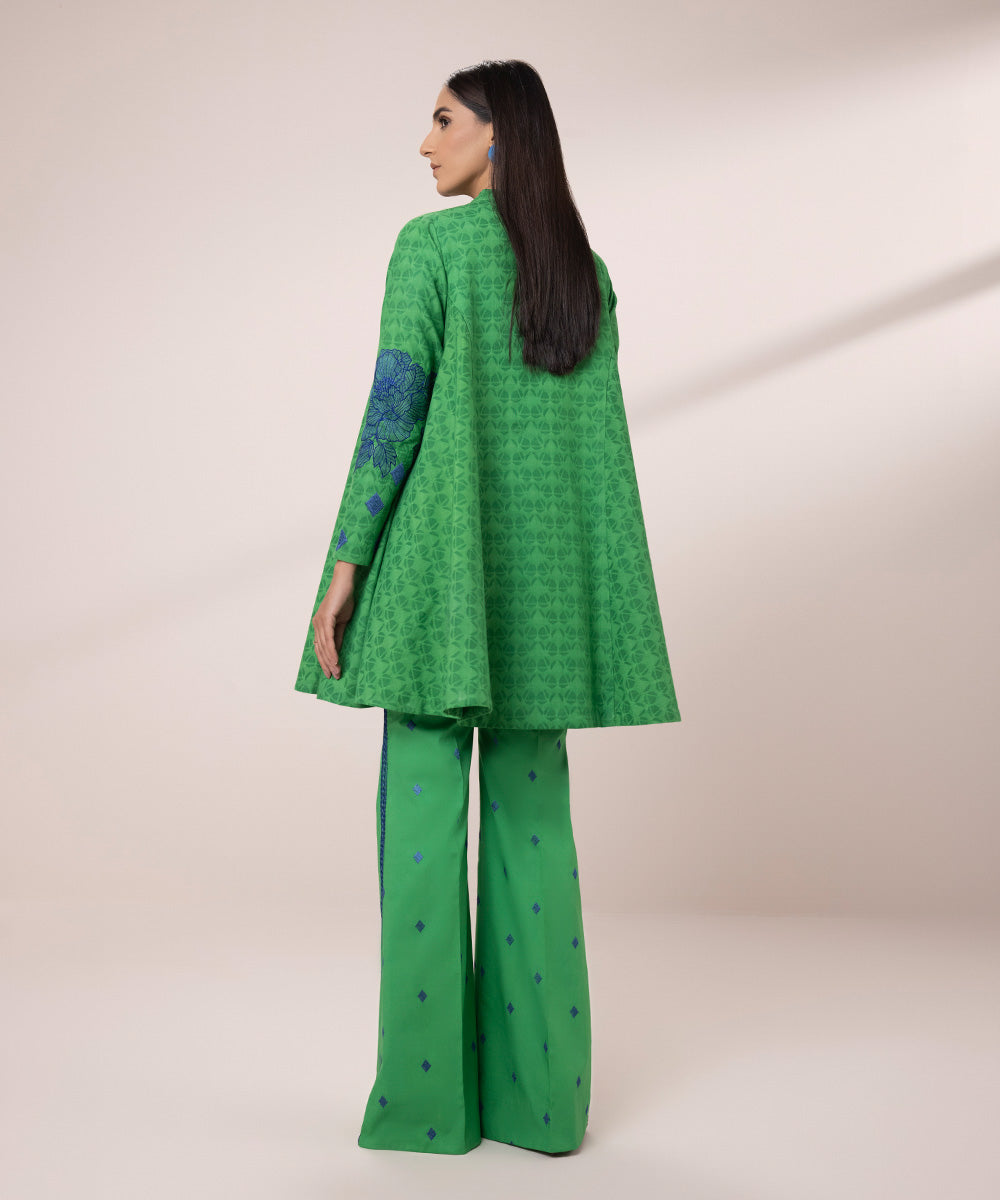 Women's Unstitched Cotton Jacquard Embroidered Green 2 Piece Suit