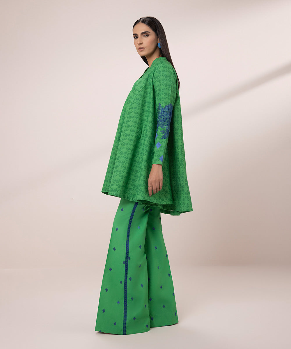 Women's Unstitched Cotton Jacquard Embroidered Green 2 Piece Suit