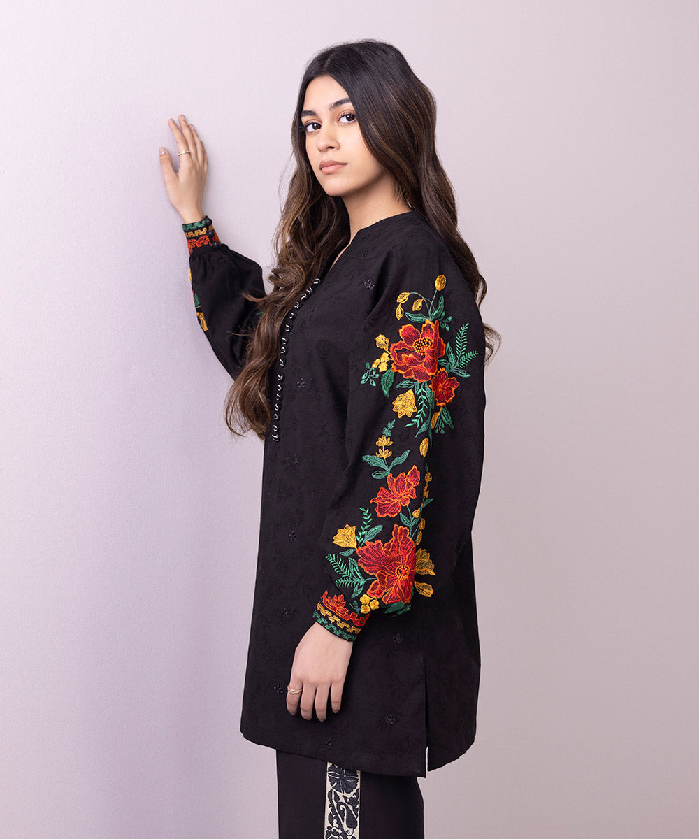 Women's Unstitched Cotton Jacquard Embroidered Black 2 Piece Suit