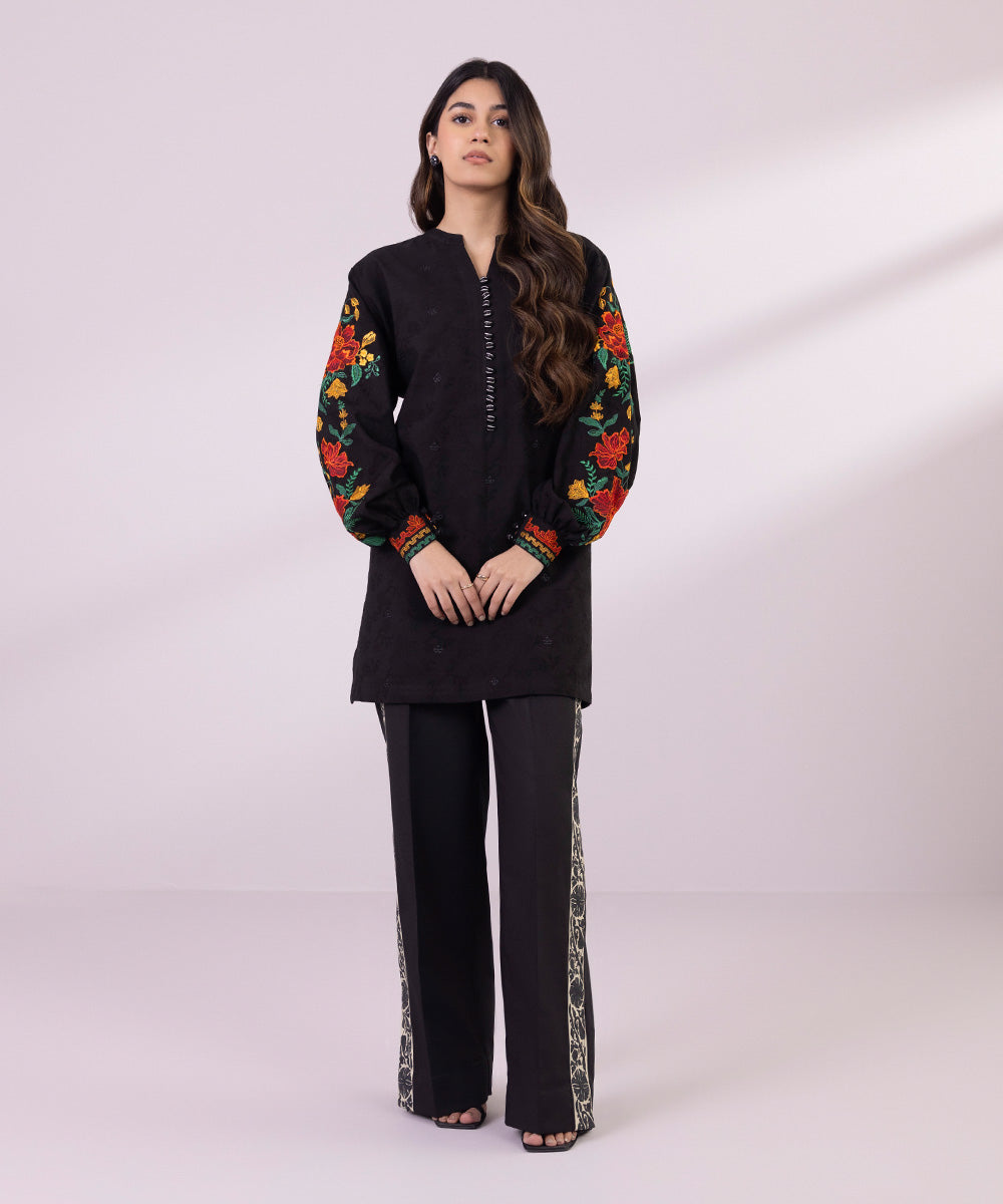 Women's Unstitched Cotton Jacquard Embroidered Black 2 Piece Suit