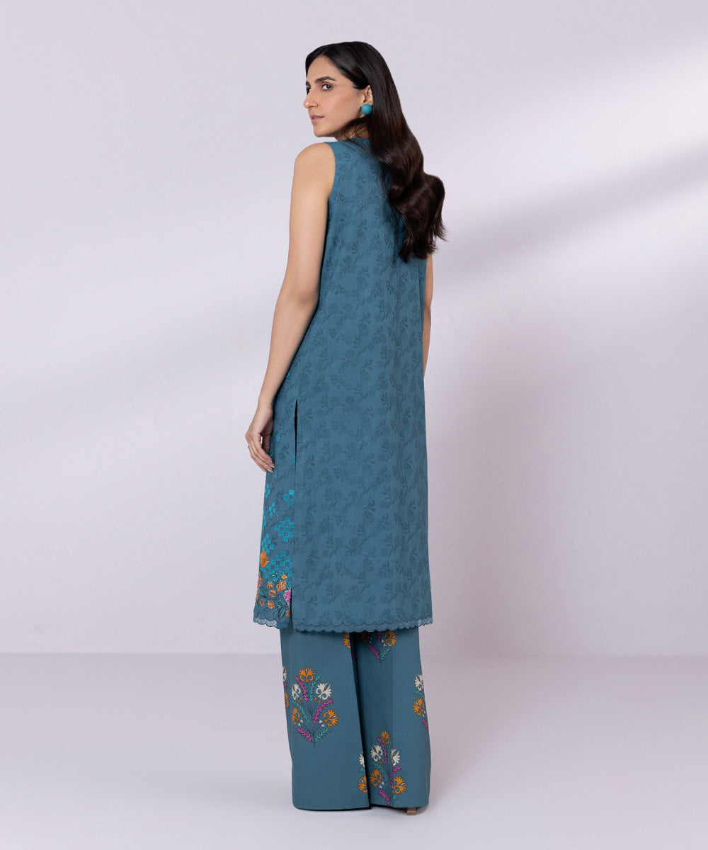 Women's Unstitched Cotton Jacquard Embroidered Teal Blue 2 Piece Suit