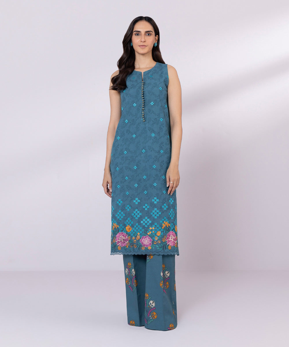 Women's Unstitched Cotton Jacquard Embroidered Teal Blue 2 Piece Suit