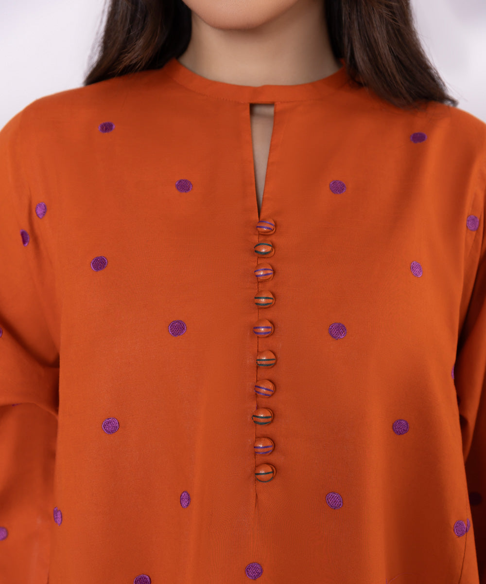 Women's Unstitched Lawn Embroidered orange 2 Piece Suit