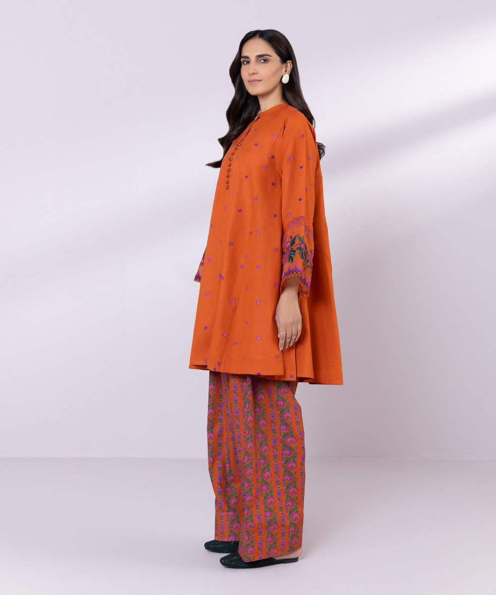 Women's Unstitched Lawn Embroidered orange 2 Piece Suit