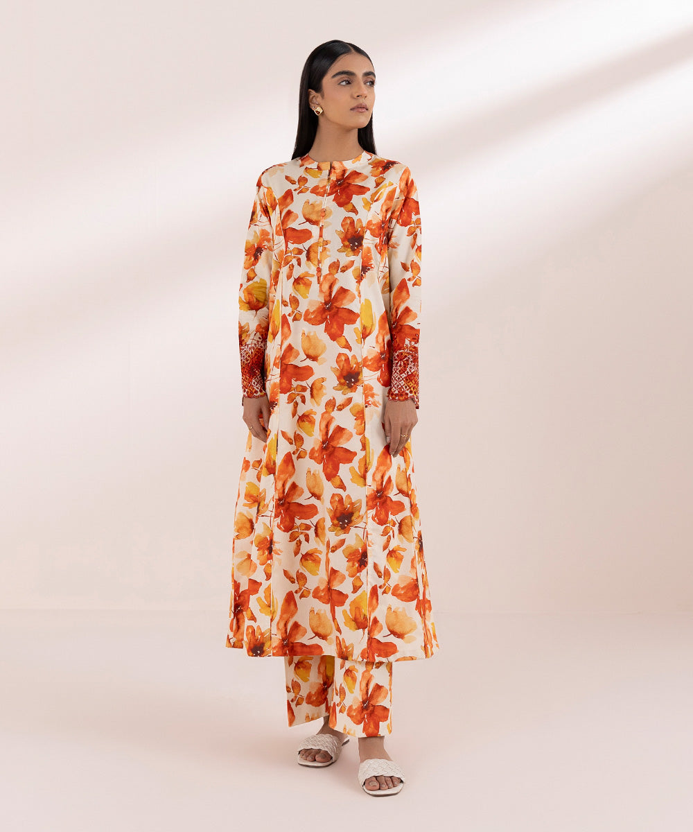 Women's Unstitched Lawn Orange Embroidered 2 Piece Suit