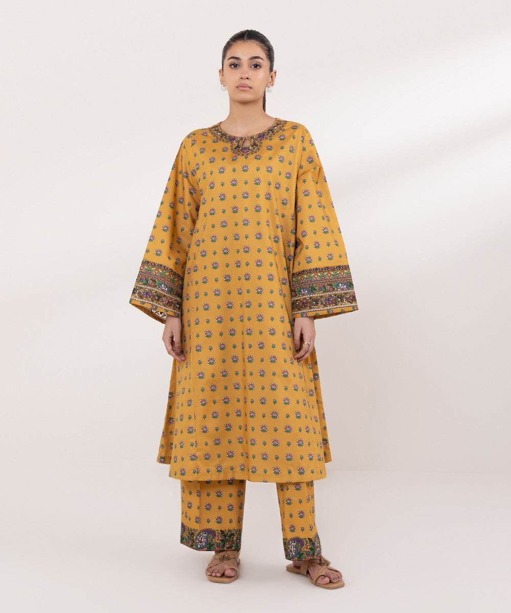 Women's Unstitched Lawn Embroidered Yellow 2 Piece Suit