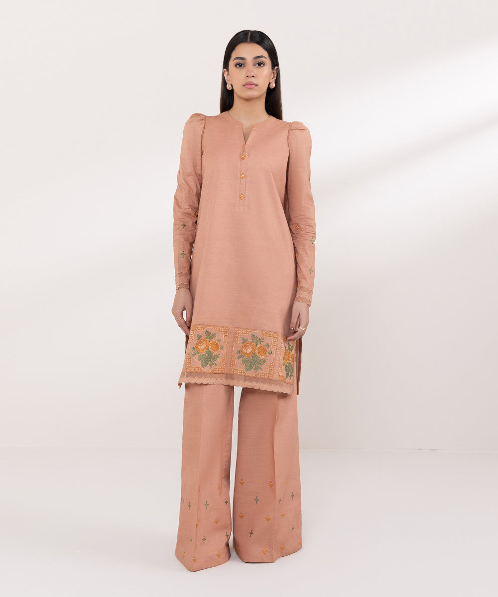 Women's Unstitched Slub Cambric Embroidered Pink 2 Piece Suit