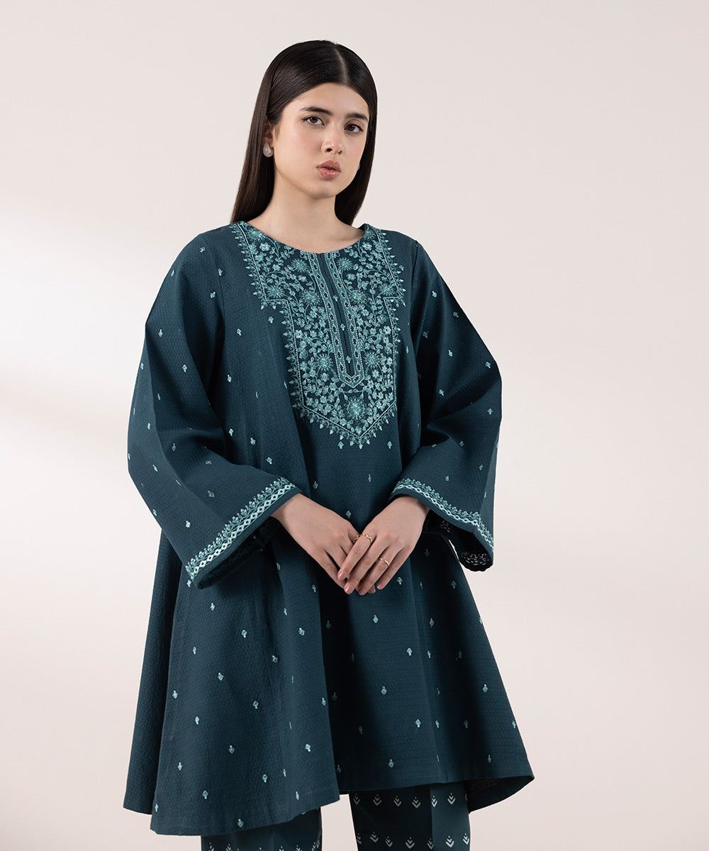 Women's Unstitched Dobby Embroidered Green 2 Piece Suit